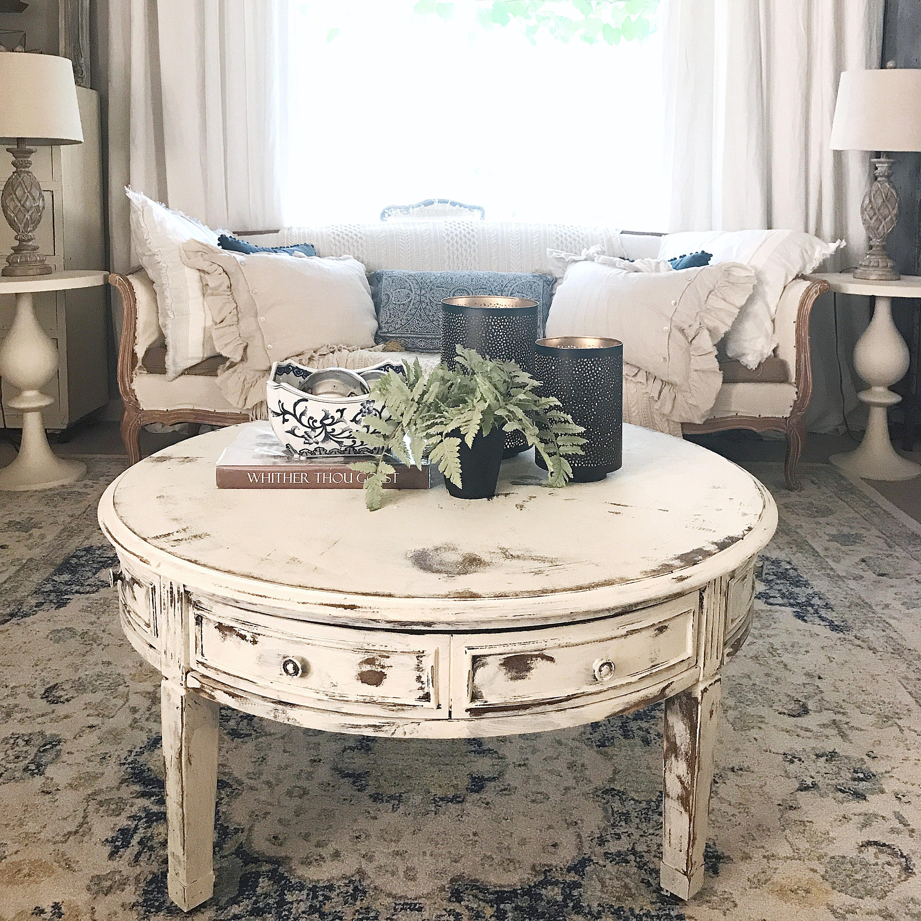 Distressed white round coffee cheap table