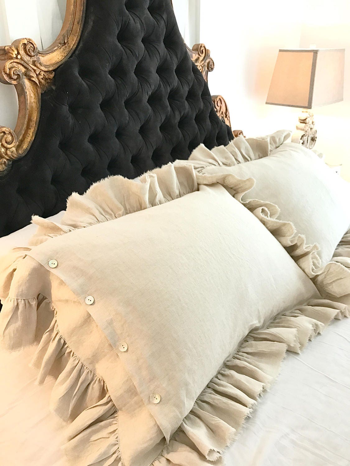 Frayed Ruffle Pillow Shams Linen Bedding Shabby Chic Raw Etsy