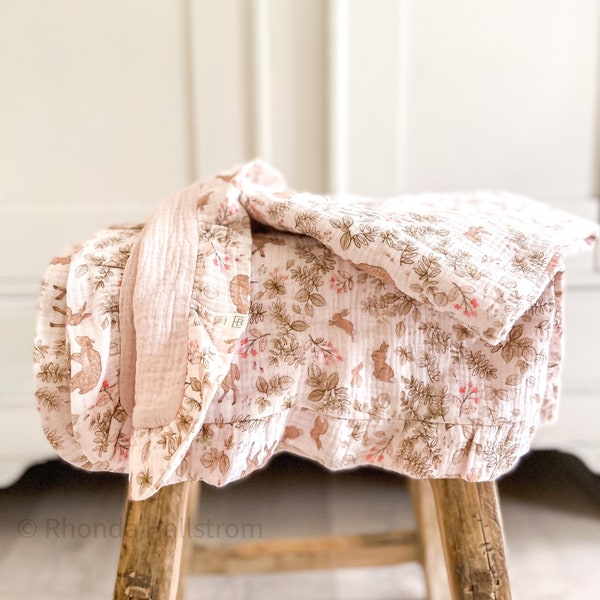 Bunny Muslin Baby Blanket|Pink Cotton Gauze Baby Blanket|Ruffle Baby Blanket/Bunny Blanket|Crib Blanket|Newborn Gift