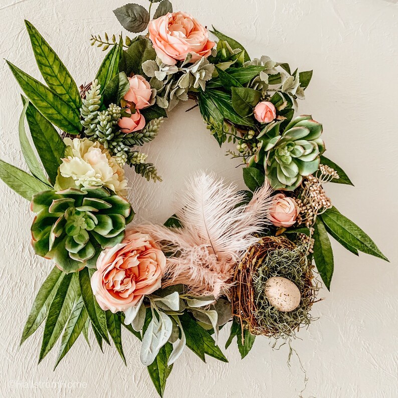 Peony Wreath Door Hanging Wreath Farmhouse Decor Wreath Floral Wreath Succulent Wreath Birds Nest Wreath