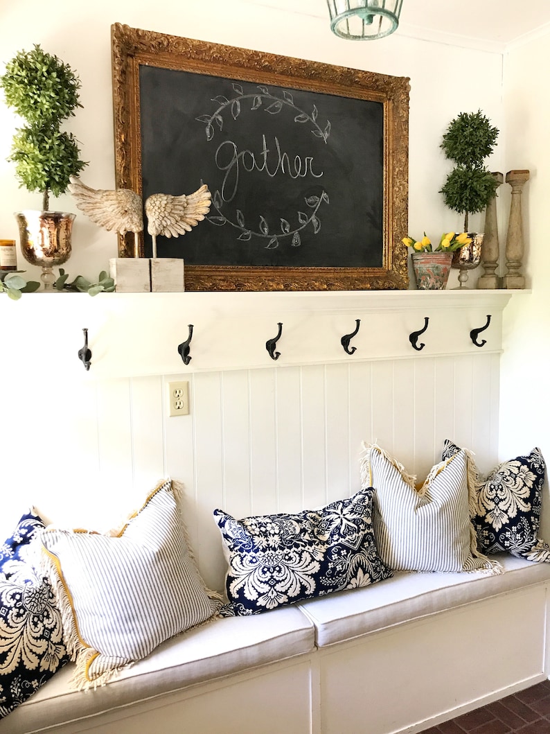 Blue Damask French Country Throw Pillow Antique Material image 1