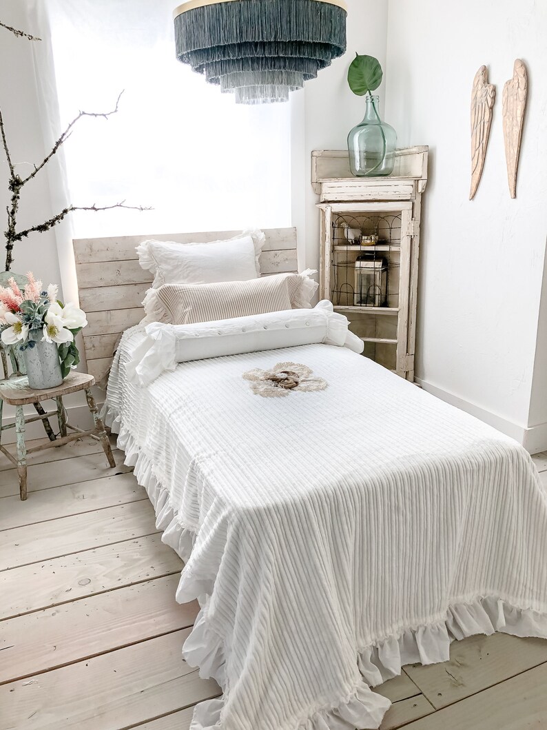 Twin Bed Cover White Shabby Chic Blanket Twin Size Bedding | Etsy