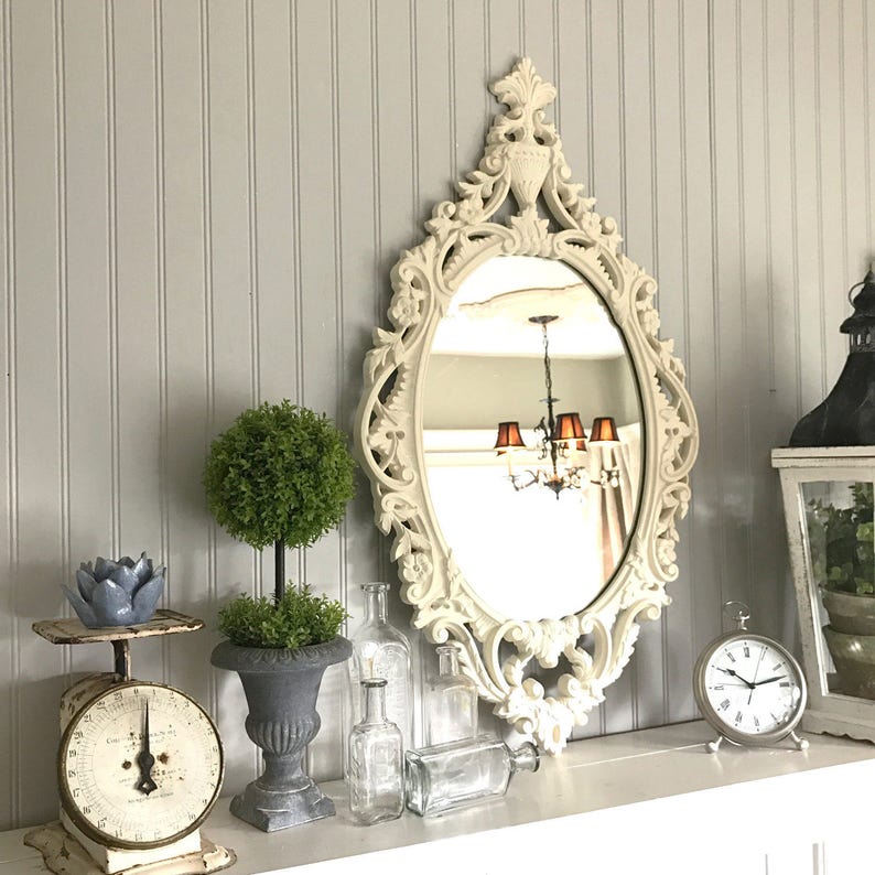 Ornate Oval Wall Mirror Large Distressed Baroque Shabby Cottage Chic Bathroom Nursery Ivory Painted