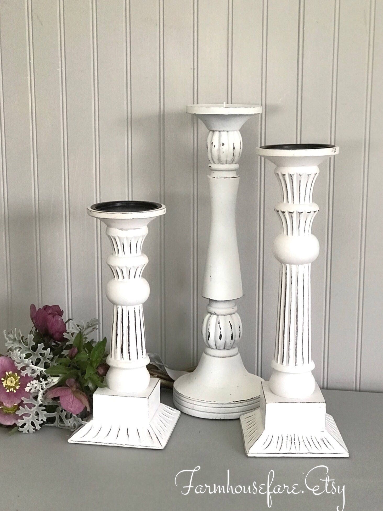 Tall White Candle Holders Shabby Chic Chalk Paint White Etsy