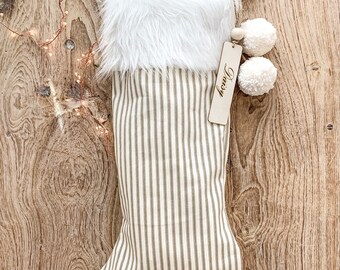 Brown Ticking Stripe Christmas Stockings/Vertical Stripe Personalized Family Stockings/ White Fur Trim Farmhouse Stockings