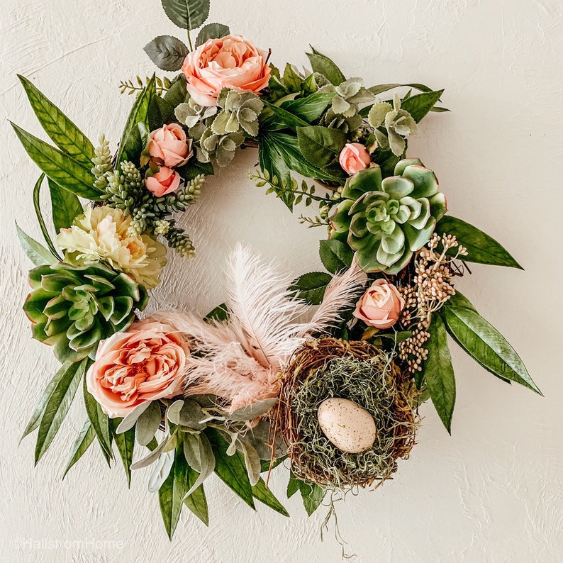 Peony Wreath Door Hanging Wreath Farmhouse Decor Wreath Floral Wreath Succulent Wreath Birds Nest Wreath