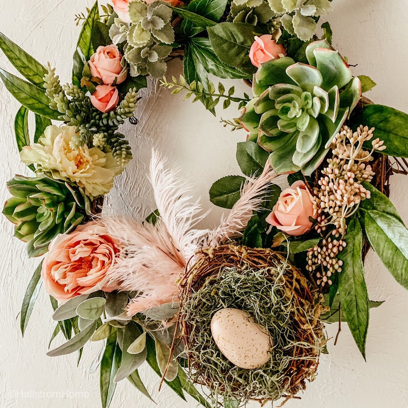 Peony Wreath Door Hanging Wreath Farmhouse Decor Wreath Floral Wreath Succulent Wreath Birds Nest Wreath