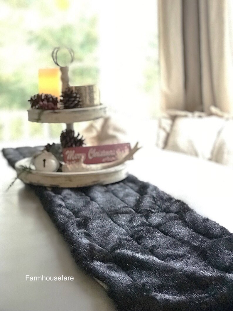Black Faux Fur Table Runner Elegant Image 0