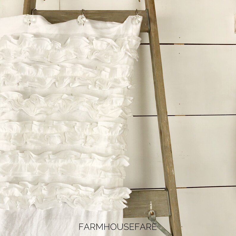 Six Ruffle Linen Shower Curtain White Linen Bathroom Curtain Etsy