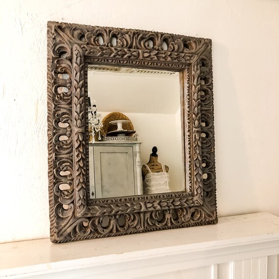Wood Framed Mirror Bathroom Wall Decor Farmhouse Decor Grey Etsy