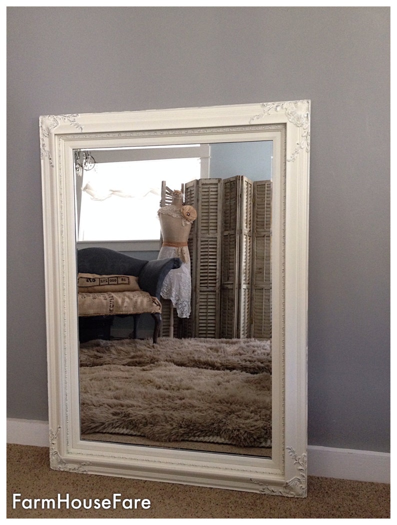Large Baroque Wall Mirror Antique White And Silver Ornate Frame Leaning Living Room