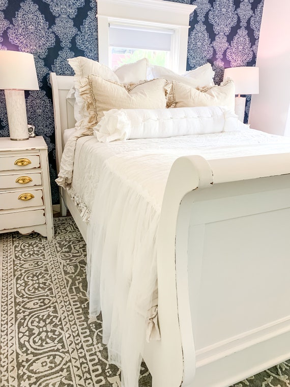 Sleigh Bed Frame Art Deco White Antique Queen Size Bed Frame Vintage Wood Headboard Chalk Painted Bedroom Furniture Shabby Chic Decor