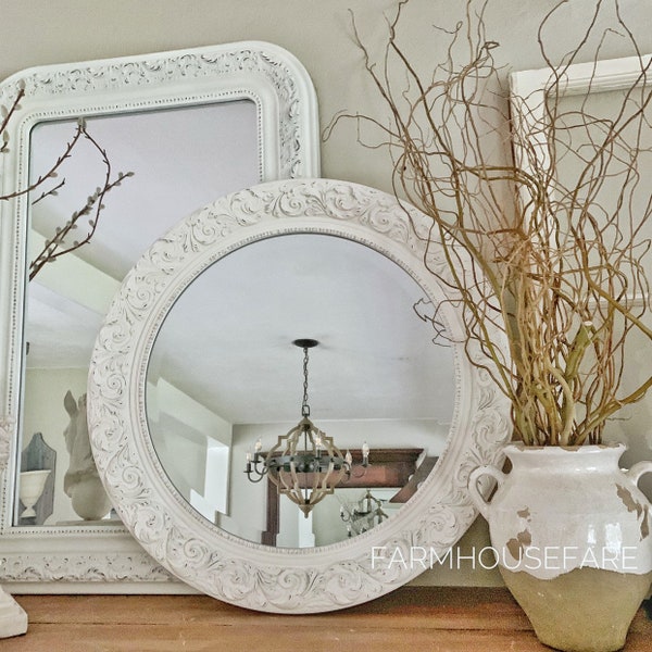 White Round Wall Mirror French Farmhouse Decor Bathroom Mirror, Nursery Mirror, Shabby Chic Decor