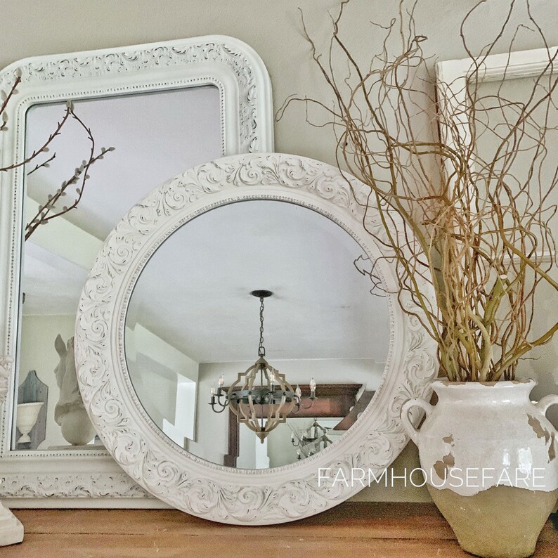White Round Wall Mirror French Farmhouse Decor Bathroom Nursery Shabby Chic