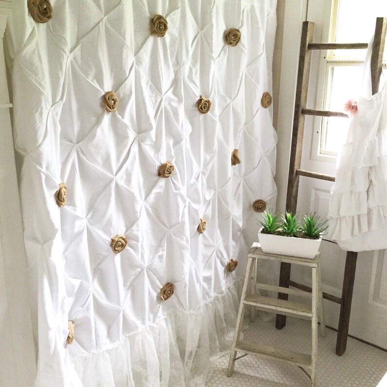 Burlap Ruffle Shower Curtain White Cotton with Handmade Etsy