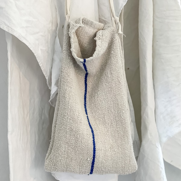 Antique Blue Stripe Grain Sack Bag/Primitive Flower Pocket