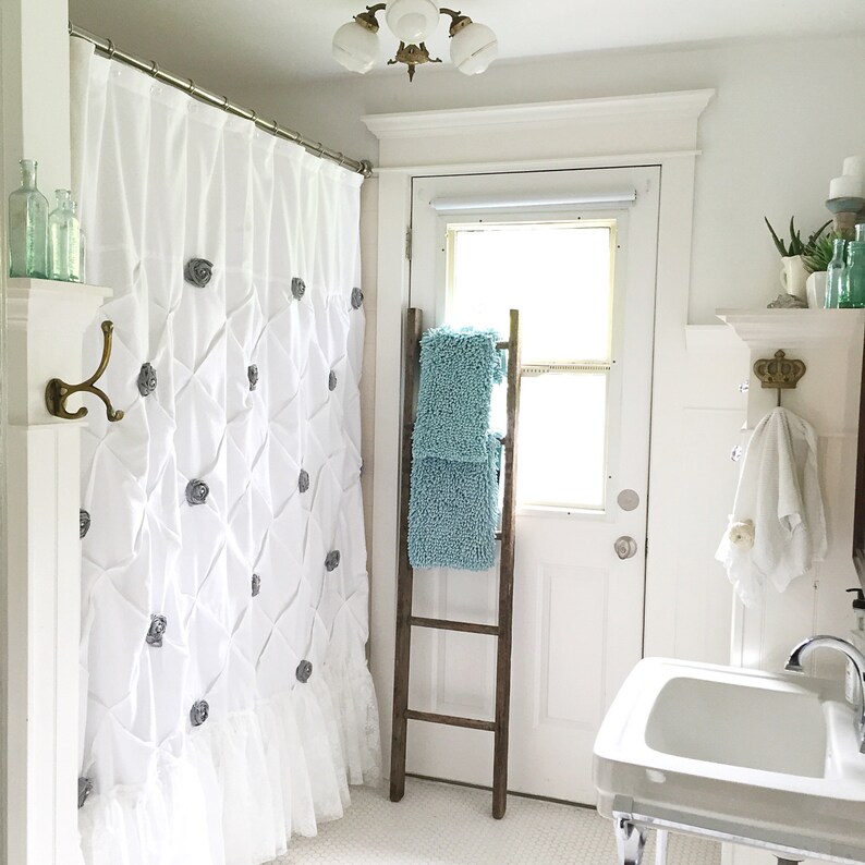 Pintuck Shower Curtain Shabby Chic White Grey Image 0