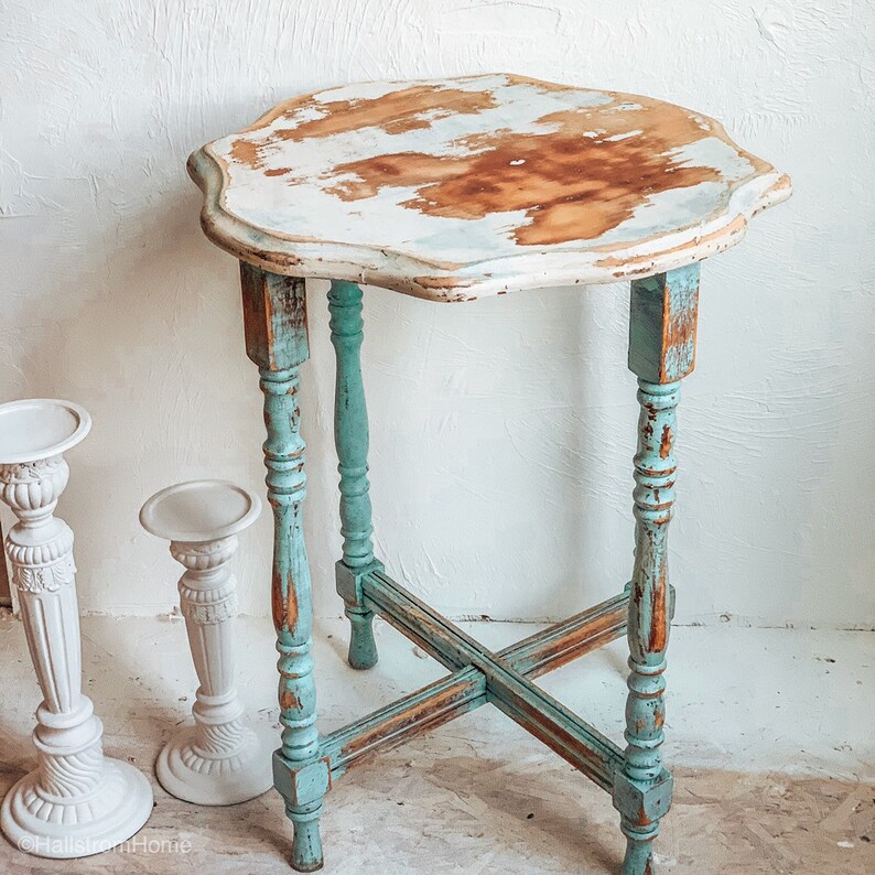 Blue Chippy Painted Round Table Farmhouse Side Shabby Chic Distressed Decor