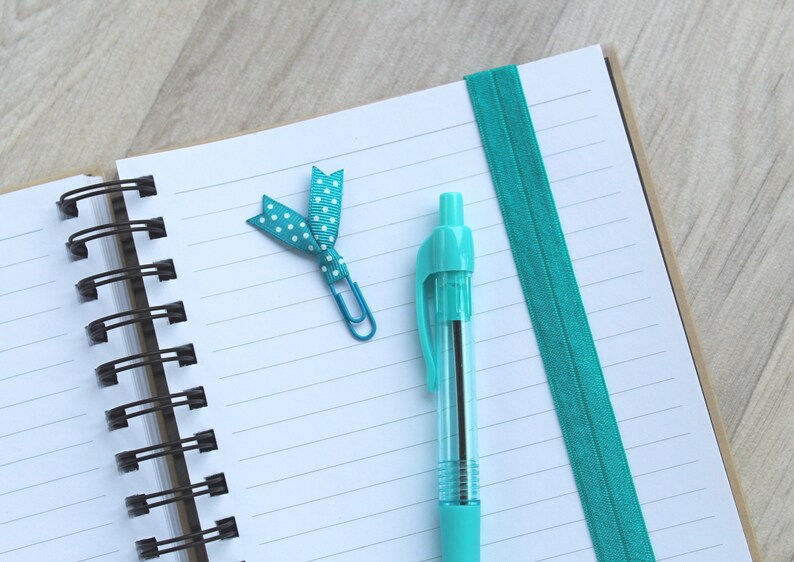 May include: A blue spiral bound notebook with a turquoise ribbon bookmark and a turquoise pen. The notebook has white lined paper.