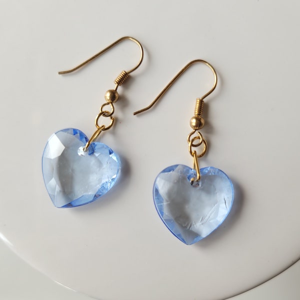 Vintage Hook Earrings Blue Heart Earrings Gold Colored Earrings Statement Earrings Vintage Jewelry Fashion Jewelry Costume Jewelry