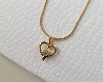 Vintage Necklace 14 inch Short Necklace Heart Rhinestone Simple Necklace Gold Colored Necklace Gold Toned Necklace Vintage Jewelry