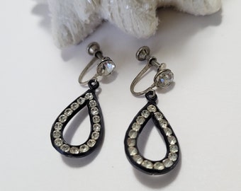 Vintage Earrings Rhinestone Earrings Black Dangle Screwback Earrings Screw Back Earrings Vintage Jewelry Fashion Jewelry Costume Jewelry