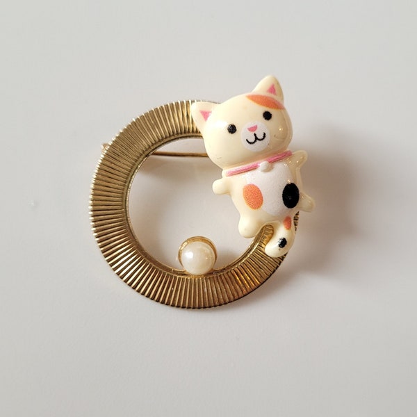 Vintage and Assemblage Cat and Faux Pearl Brooch One of a Kind Brooch Gold Colored Brooch Pin OOAK Statement Brooch Fashion Costume Jewelry