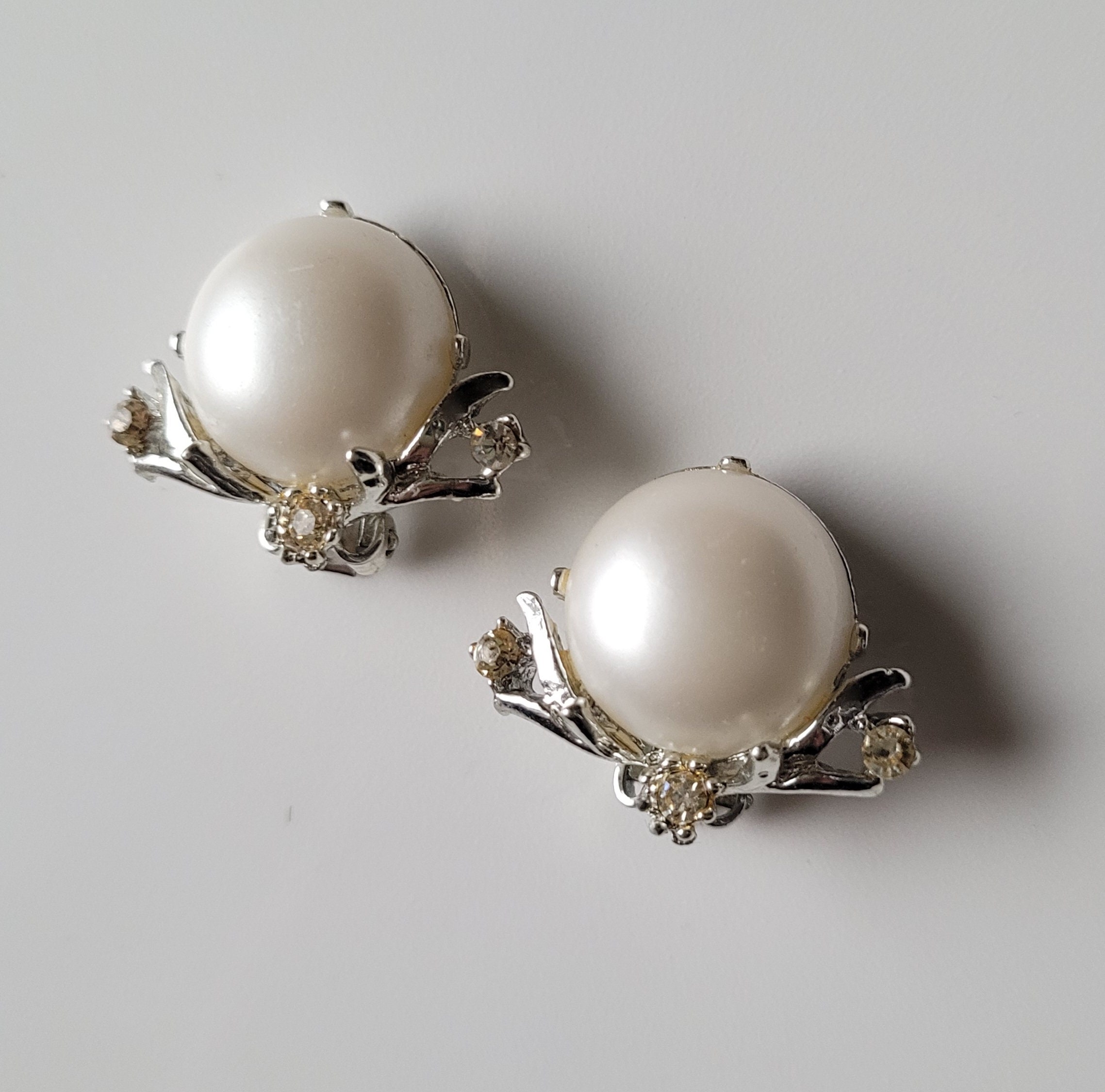 Vintage Clip on Earrings Faux Pearl Silver Colored Earrings Clip Back