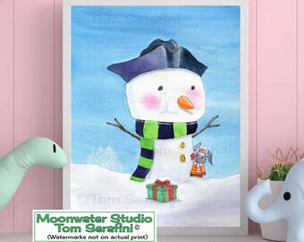 Winter Art print Little Bunny with Snowman magical colorful children's storybook animal art, from an original watercolor by Tom Serafini