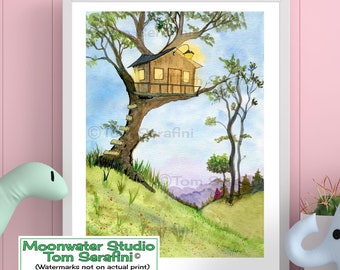 Glowing Magical Meadow Treehouse whimsical, colorful children's storybook animal art, original real hand painted watercolor art print