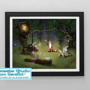 Magical Woodland Animal Print - Glowing Stars Night Scene - Whimsical Fox, Raccoon, Bunny & Tortoise - Enchanted Forest Nursery Wall Art