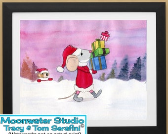 Adorable Art Print Little Santa Mouse Delivers Christmas Holiday Gifts While An Eager Bear Cub Awaits His From A Watercolor By Tom Serafini