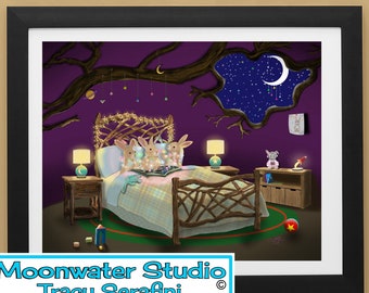 Whimsical Bunny Bedtime Art – Magical Stars, Crescent Moon, Nursery Wall Decor, Fantasy Art for Kids Room, Children's Bedroom Print