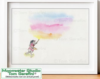 Artist Bunny Minimalist Art Print Painting A Rainbow Sky magical colorful children's storybook animal art, form a watercolor by Tom Serafini