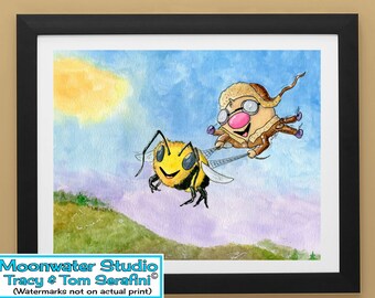 Whimsical Daisy Bee And Ollie Bug, Adventure Spider Friends In Flight Over Moonwater Meadow Art Print From An Original Storybook Watercolor