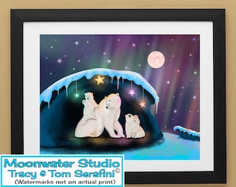 May include: A digital painting of a family of polar bears under a snowy cave with the aurora borealis in the background. The bears are surrounded by twinkling lights and a full moon.