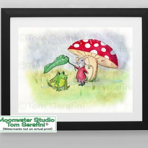 Rainy Day Art Print Mouse, Frog and Red Spotted Mushroom magical colorful children&#39;s storybook animal art from a watercolor by Tom Serafini
