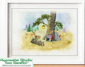 May include: Watercolor painting of three bears sitting under a tree. The bear in the middle is reading a book to the two bears sitting on a log. The scene is set in a forest with a lantern hanging from a tree branch.