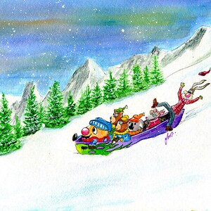 Fantasy comic art giclee print &quot;Canoe Down A Snowy Mountain&quot;  from a whimsical Ollie Bug watercolor signed