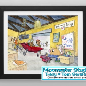 Whimsical Fun Red Hot Rod Spaceship Hangar Art Print With Ollie Bug, Adventure Spider And His Friends From An Original Storybook Watercolor