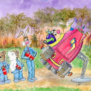 Fantasy art giclee print To The Moon from a whimsical Ollie Bug watercolor signed