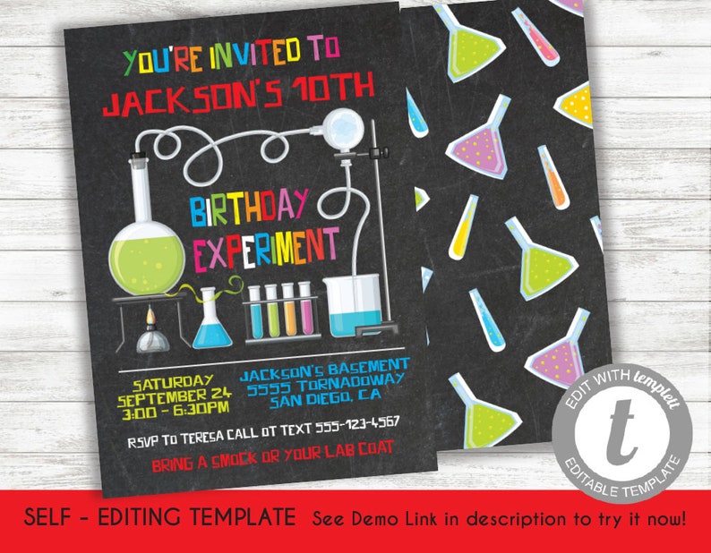 science lab experiment birthday party invitation template printable invite instant download editable text templett science party invitation template
