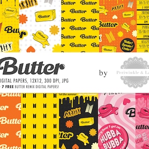May include: A set of 14 digital papers featuring a yellow and orange color scheme with a butter theme. The papers include various designs with the word "Butter" and the text "Hotter! Sweeter! Cooler!" The papers are 12x12 inches and 300 DPI.