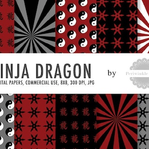 Könnte beinhalten: Zehn digitale Papierdesigns in Rot und Schwarz. Die Designs beinhalten ein Yin-Yang-Symbol, einen Ninja-Stern, ein Sonnenstrahlenmuster und ein Drachenzeichen. Der Text "NINJA DRAGON" ist in schwarzen Buchstaben auf weißem Hintergrund geschrieben.