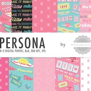 Könnte beinhalten: Eine Sammlung digitaler Papiere mit verschiedenen Designs. Die Papiere zeigen Texte wie "Persona", "Love" und "Young Forever" sowie andere Phrasen und Grafiken. Die Papiere sind 20,32 x 20,32 cm groß.