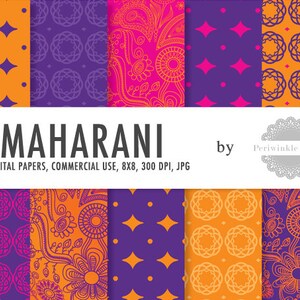 Puede incluir: Diez papeles digitales con intrincados patrones en tonos naranja, morado y rosa. Los patrones incluyen paisley, formas geométricas y diseños florales. El texto "MAHARANI" y "by Periwinkle & Lace" se muestra en la parte superior de la imagen.