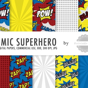 Puede incluir: Un conjunto de 10 papeles digitales con patrones de estilo cómic con palabras como "POW!" "BLAM!" y "ZAP!" en rojo, azul, amarillo y negro sobre fondos blanco, gris y rojo. Los papeles miden 8x8 pulgadas y 300 DPI.