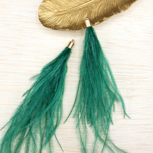 Ostrich Feather Tassel, 2 PCs in EMERALD GREEN with Golden or Silver Tone Cap for Jewelry Making, Crafting, or Decoration (FOBS001-GN)