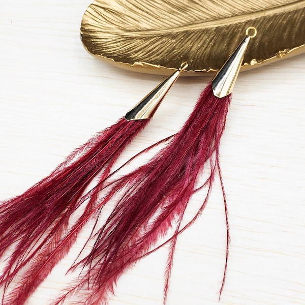 Feather Tassel in RED with Gold Cone Cap for Jewelry Making and Crafts, Natural Ostrich Feather Jewelry Pendants, 2 PCs (FOC001-RD)
