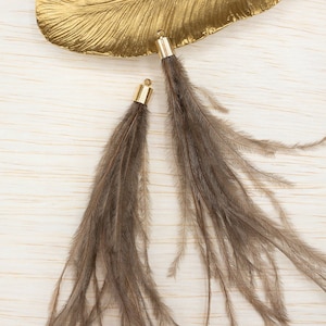 Feather Tassels, 2PC Brown Boho Tassel Charms with Gold or Silver Cap, Feather Pendants for Earrings, Jewelry & Crafts